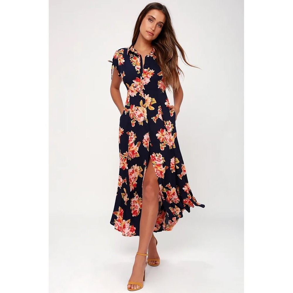 Lulus I'm Worth It Navy Blue Floral Print Button Front Midi Dress Sz L Romantic